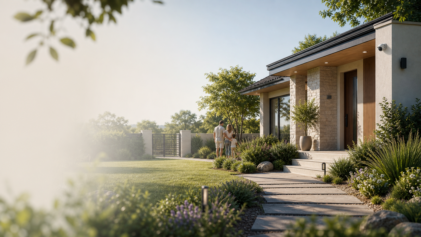 Serene daytime home garden with a discreet exterior security camera